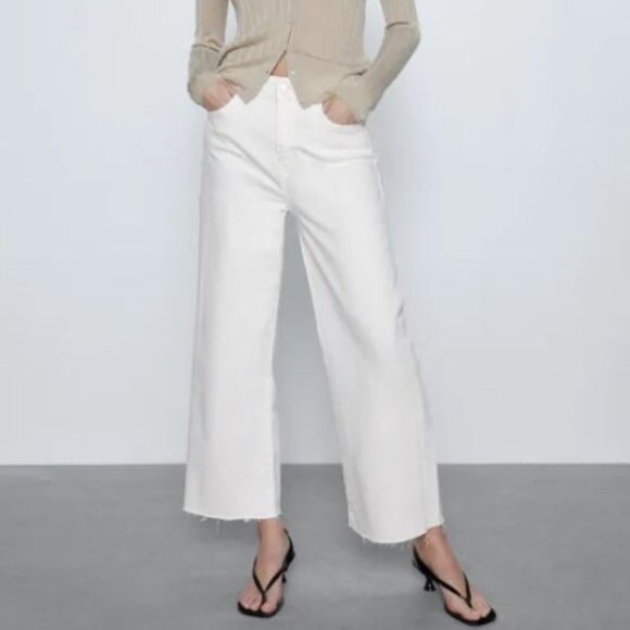 Zara The Culotte High Waist Straight Wide Leg White Jeans